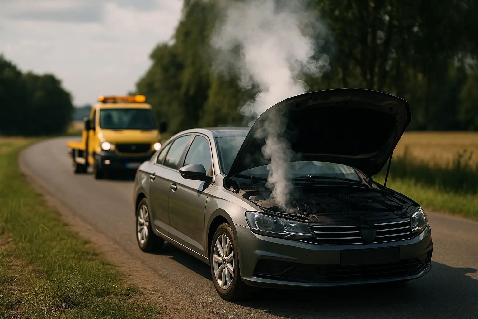 Motor arızası yaşayan otomobilin açık kaputunda duman, çekici olay yerine yaklaşıyor.